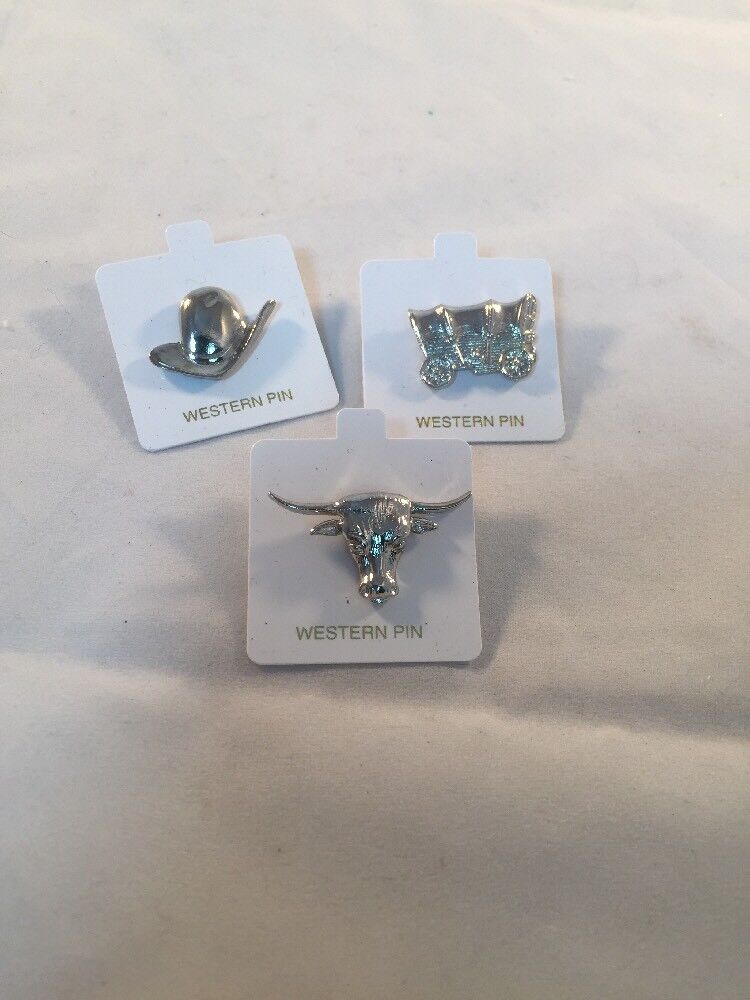 Western Pin Lot Of 3 Silver tone Hat Steer Wagon Tie Tac Lapel Pin