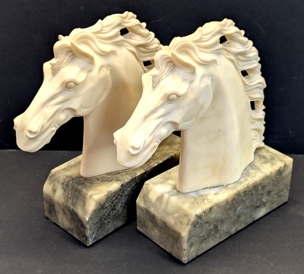 Vintage Italian HorseHead Bookends Hand Carved Alabaster & Marble base EBS Italy