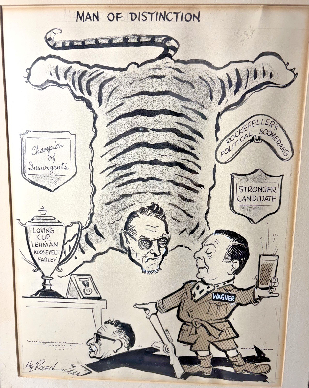 Original 1930's Pen & Ink Drawing Signed Hy Rosen NY Politics Rockefeller Wagner