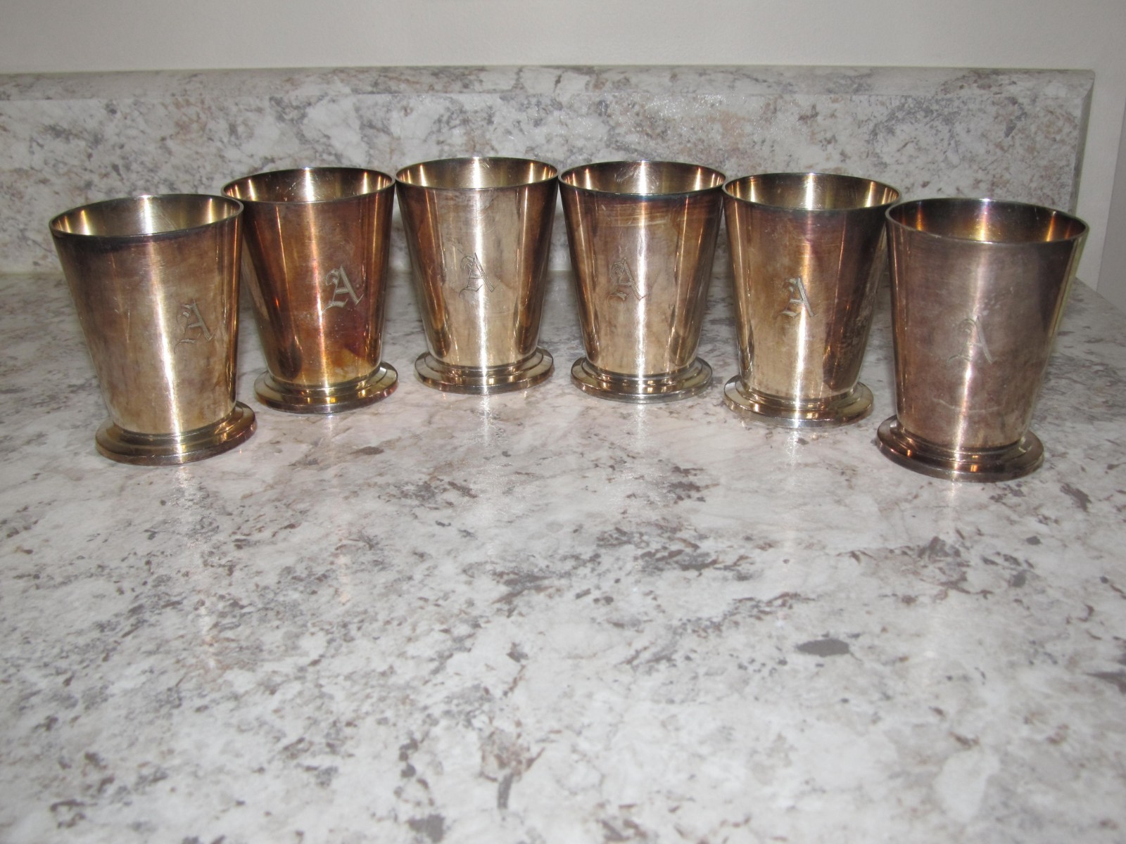 Meriden Ile de France #360 Silverplated Set 6 Cocktail Juice Cups Monogram A VTG