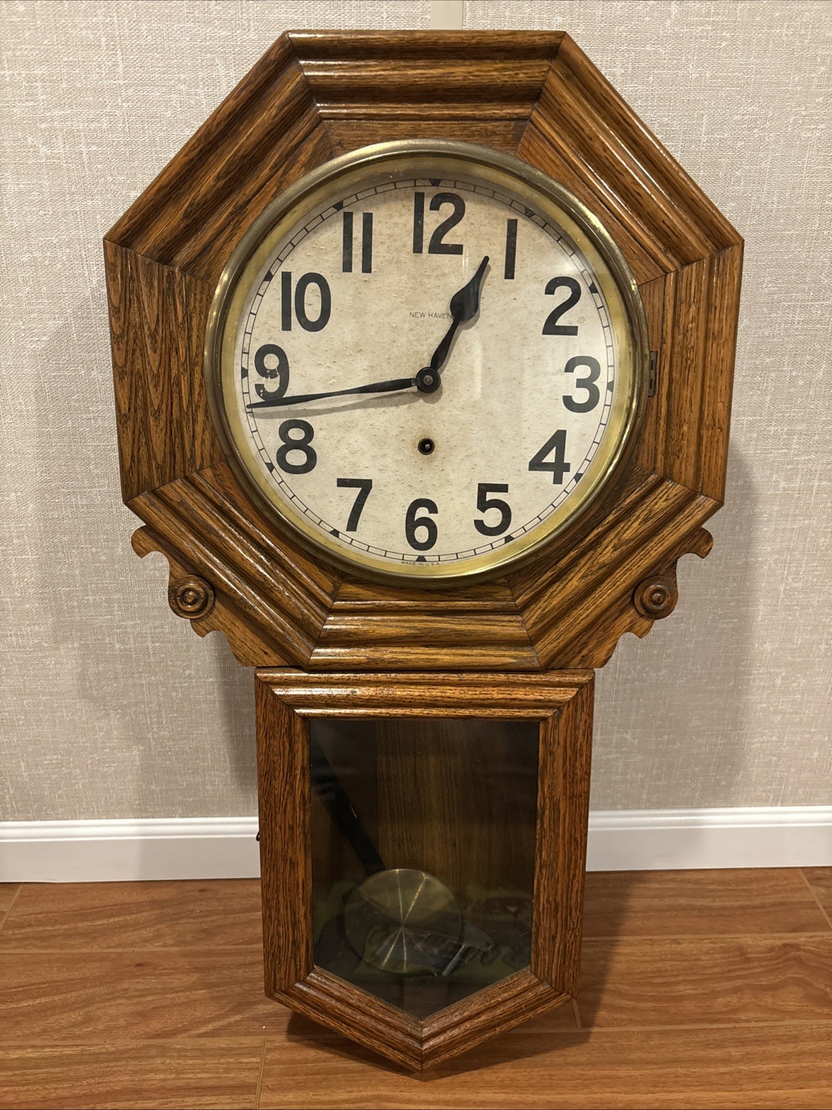 Antique New Haven Clock Co. Erie Regulator Long Drop Wall Clock - Runs
