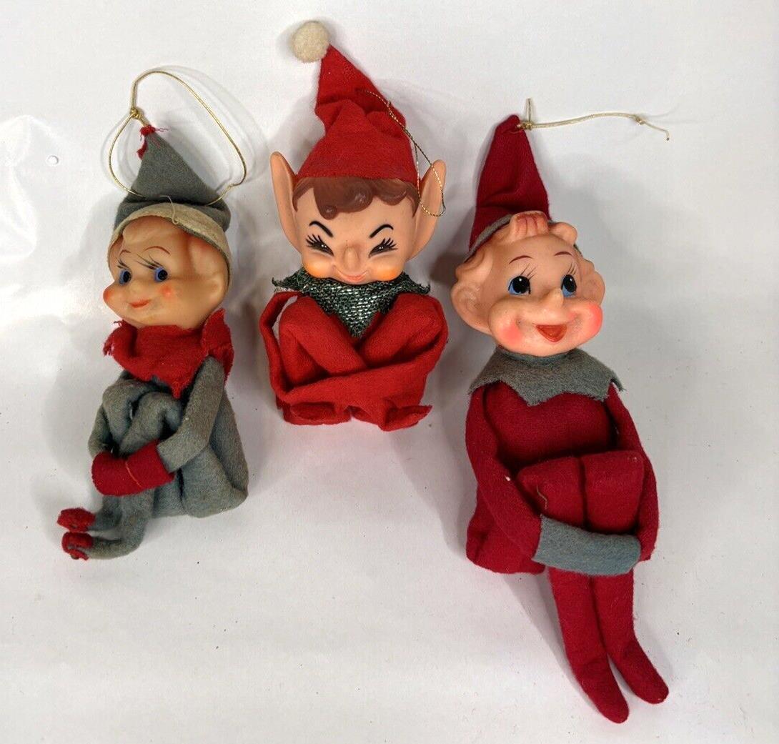 3 Vintage Knee Huggers Christmas Elves Red Green Ears Made in Japan Holiday