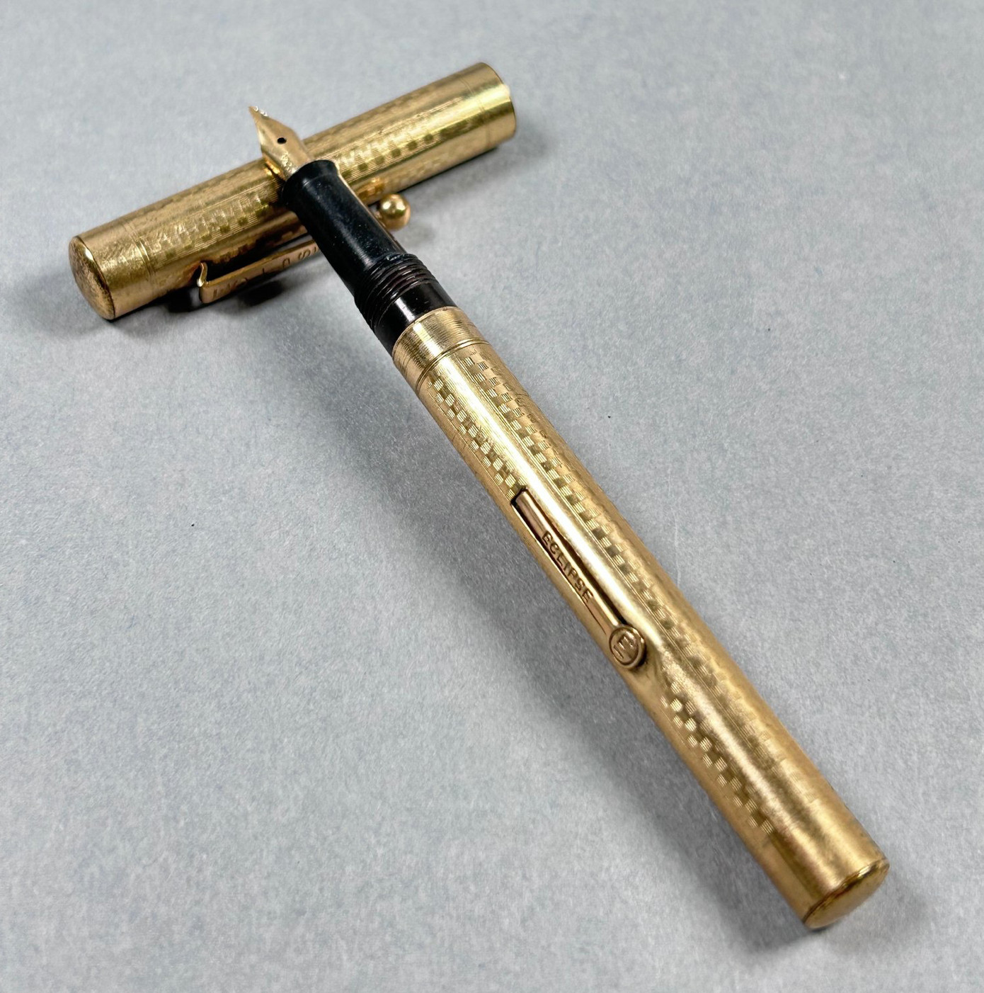 Vintage 1920s Eclipse Gold Filled Fountain Pen Checkerboard Pattern 14K Gold Nib