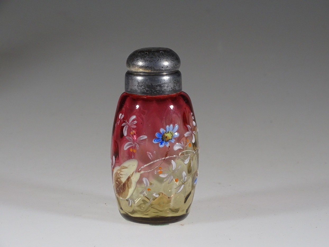 Wonderful Victorian Amberina Glass Salt Shaker Hand Painted Flowers c.1895