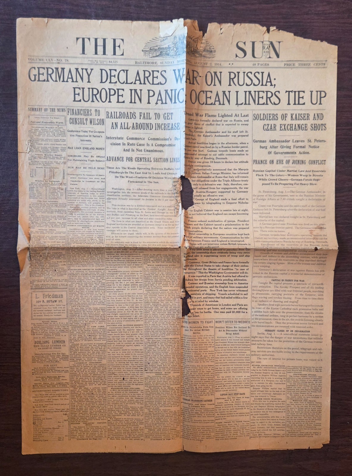 Original WWI: Germany Declares War on Russia. August 2, 1914. Baltimore Sun