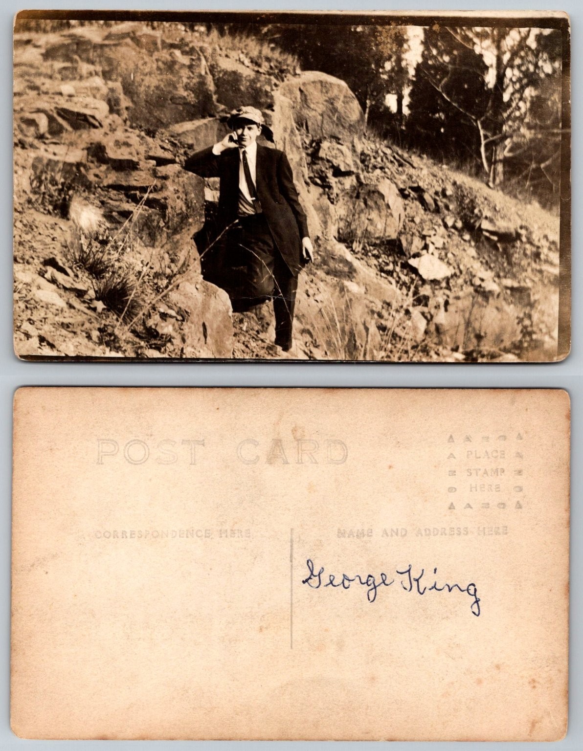 RPPC George King Man Suit Cap Rocky Terrain Vintage Real Photo Postcard c1910s