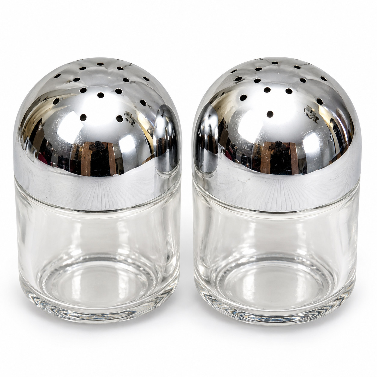 Vintage M  C M  Glass Salt & Pepper Shakers Chrome Bullet Dome Tops  VI