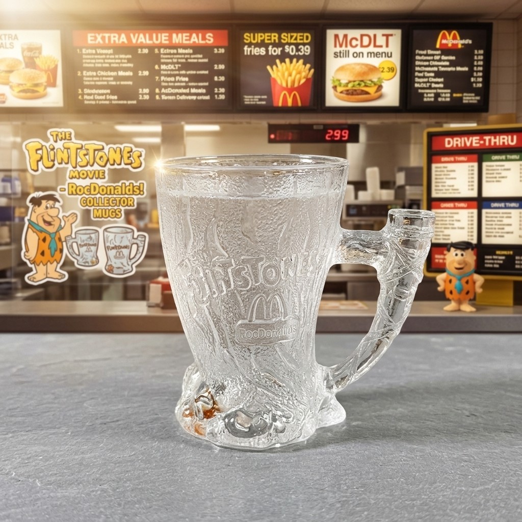 Vintage 1993 McDonalds Flintstones Mammoth Glass Mug Frosted RocDonalds France