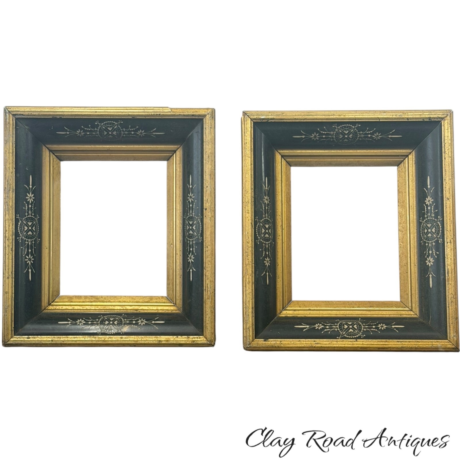 Antique 19th C Victorian Ebonized Gilt Picture Frame pair incised matching