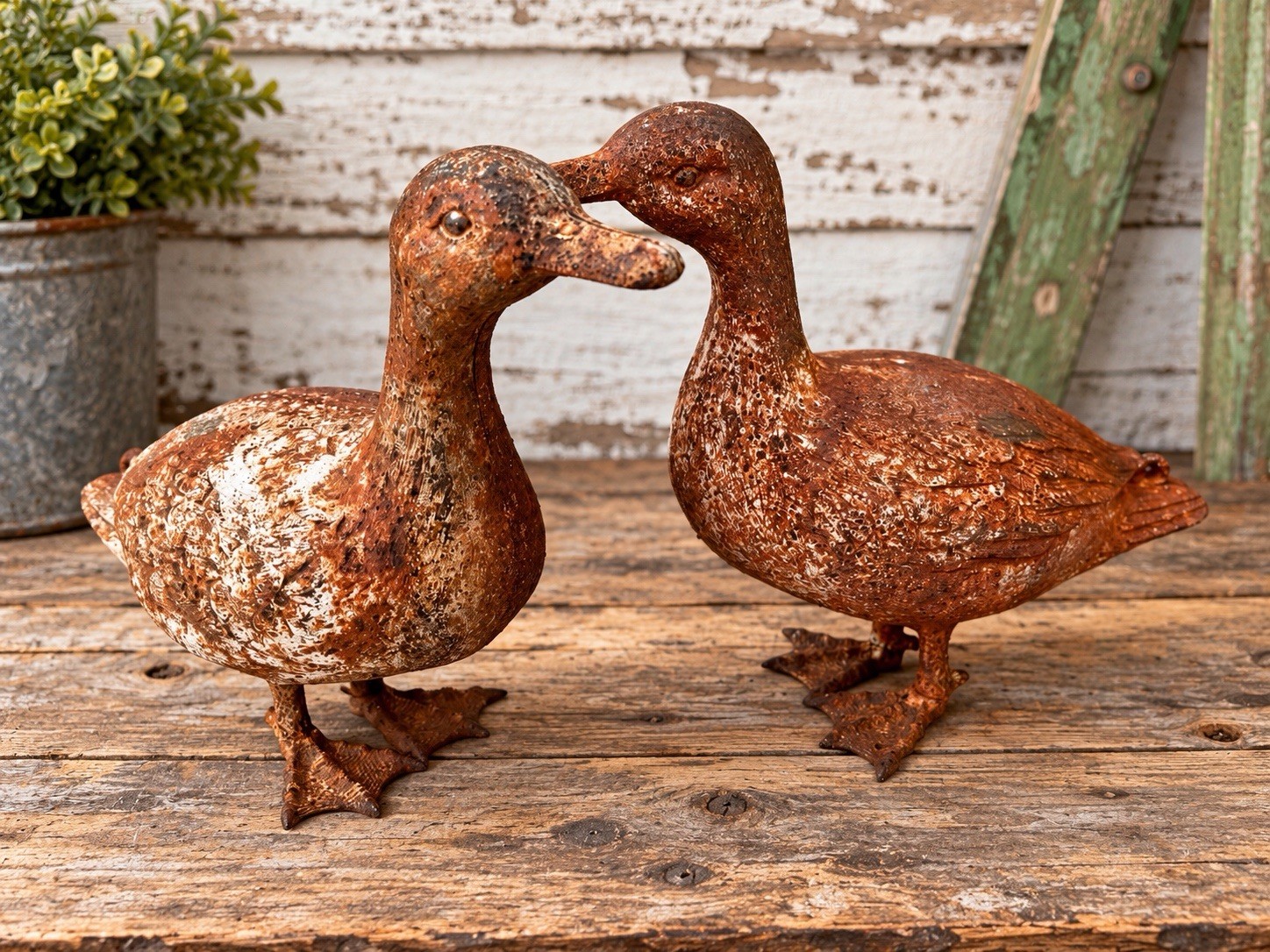 Antique Pair Cast Iron Standing Duck Garden Statues Decoys Rare