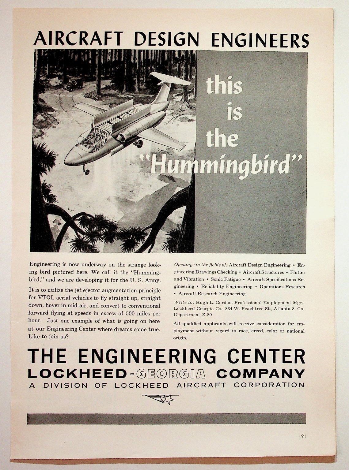 1960s Lockheed Hummingbird VTOL Aircraft Design Engineers Magazine Ad