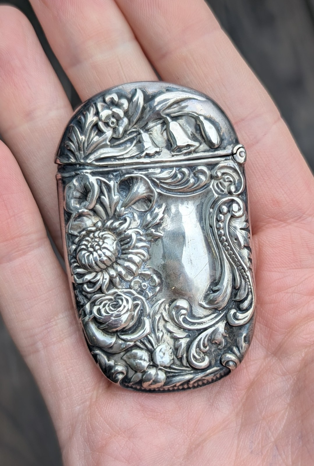 Antique Art Nouveau Match Safe. Sterling Silver. Double Sided Floral. Estate