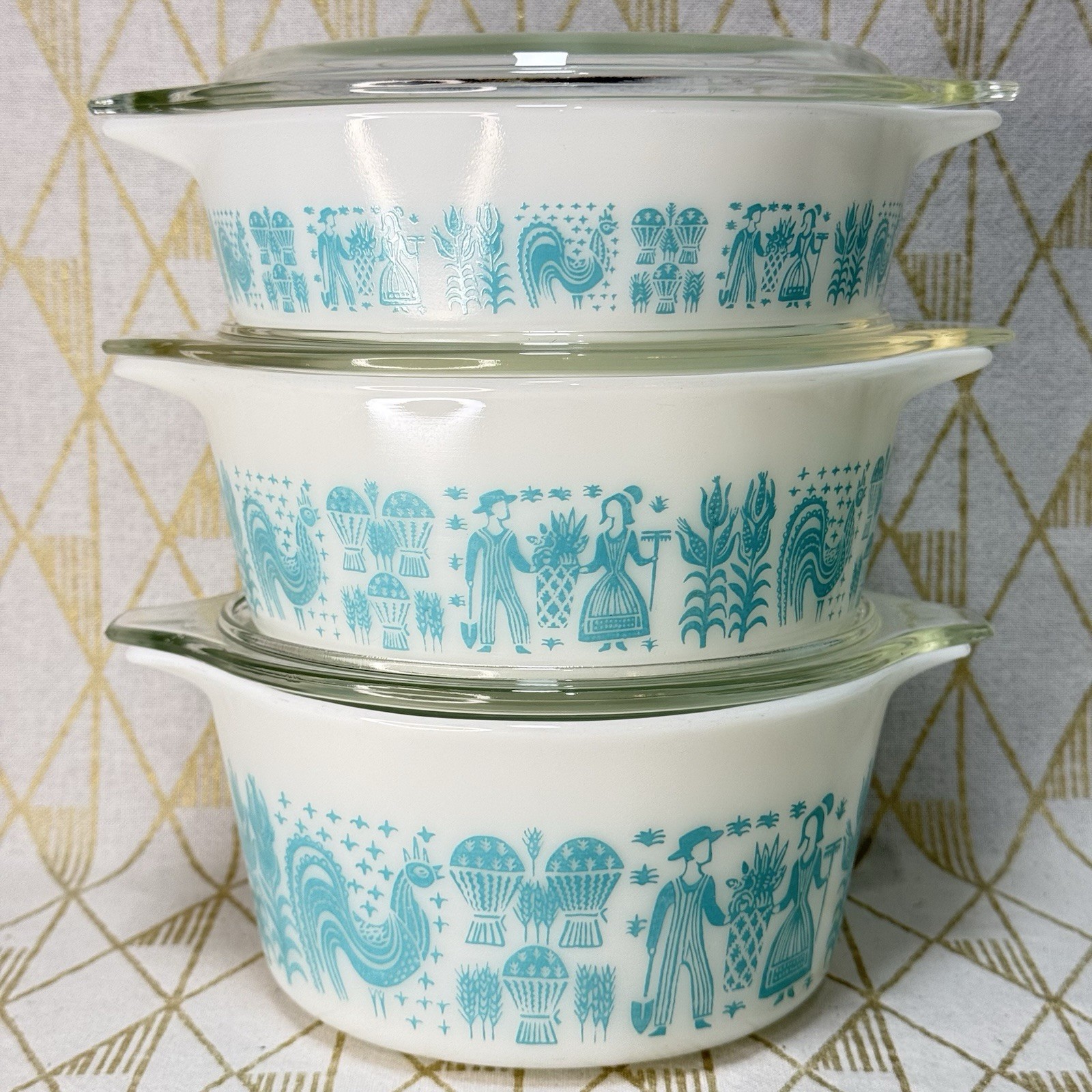 Pyrex Amish Butterprint Turquoise on White Stamp Program 473 472 471 Full Set