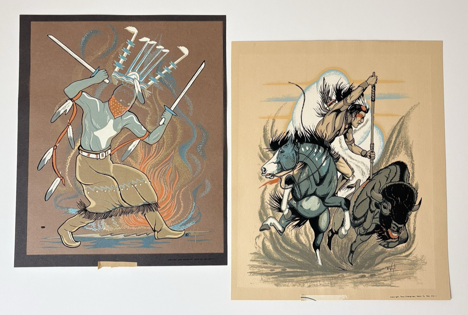(2) Frank Paul Vigil Silkscreen Art Print Apache Crown Dancer & Buffalo Hunt