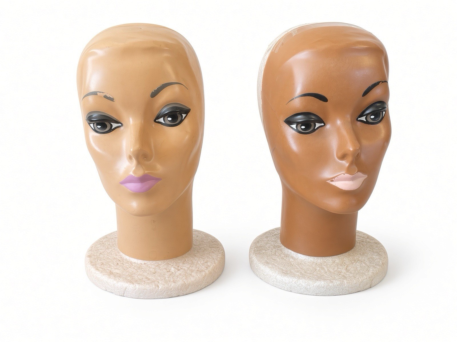 Vintage 60\'s Mannequin Styrofoam & Plastic Head Wig Stand Brown Lot of 2