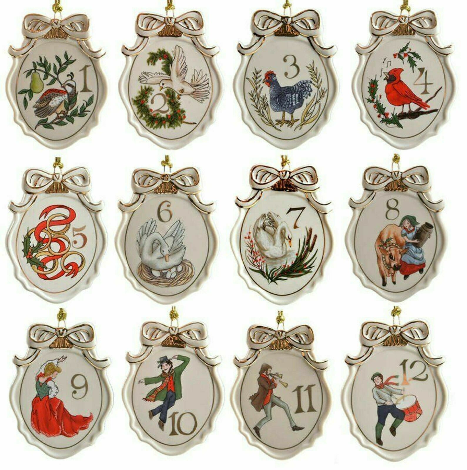 Lenox Twelve Days Of Christmas Ornaments 12 Piece Set Flat Oval Large 3 1/8