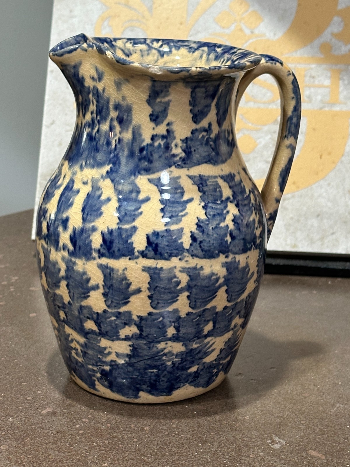 Antique Blue White Spongeware Pottery Pitcher 8