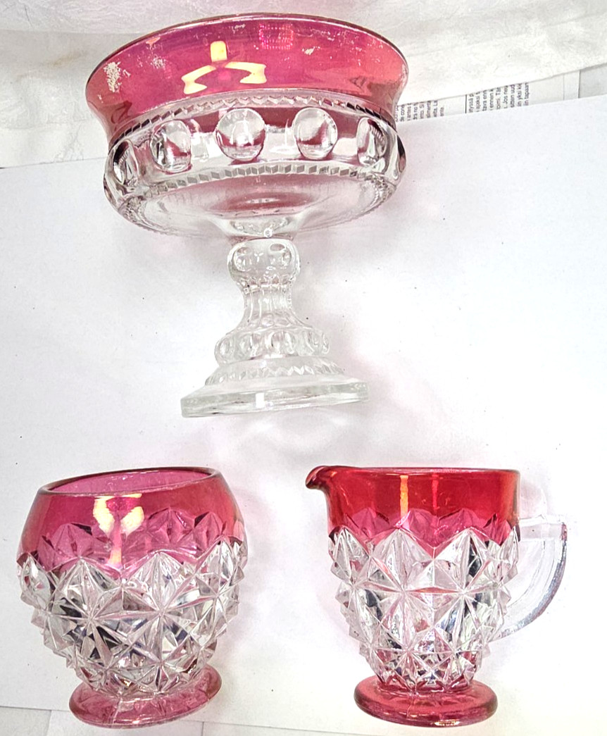 3pc Set Vtg Cranberry Cut to Clear Glass Creamer Pitcher Sugar Bowl Compote/Dish