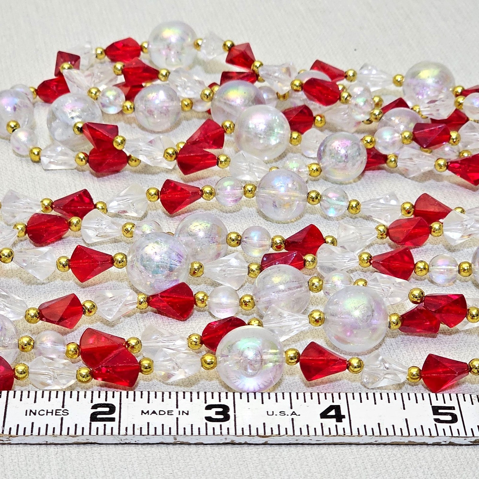Beaded Garland VTG 9 Ft Faceted Red Crystal Gold Beads NEW Old Stock Roman Inc.