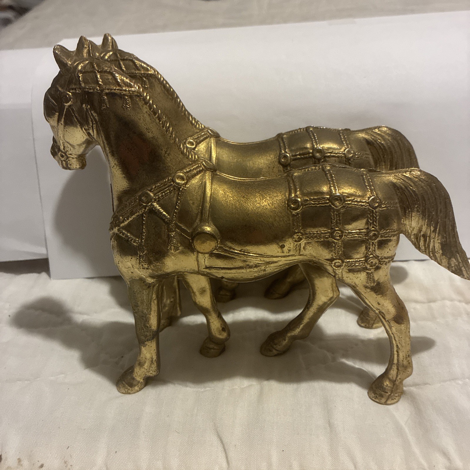 2 Vintage Gold Tone Pot Metal Circus Show Horses Statue, Carnival Fair Prize