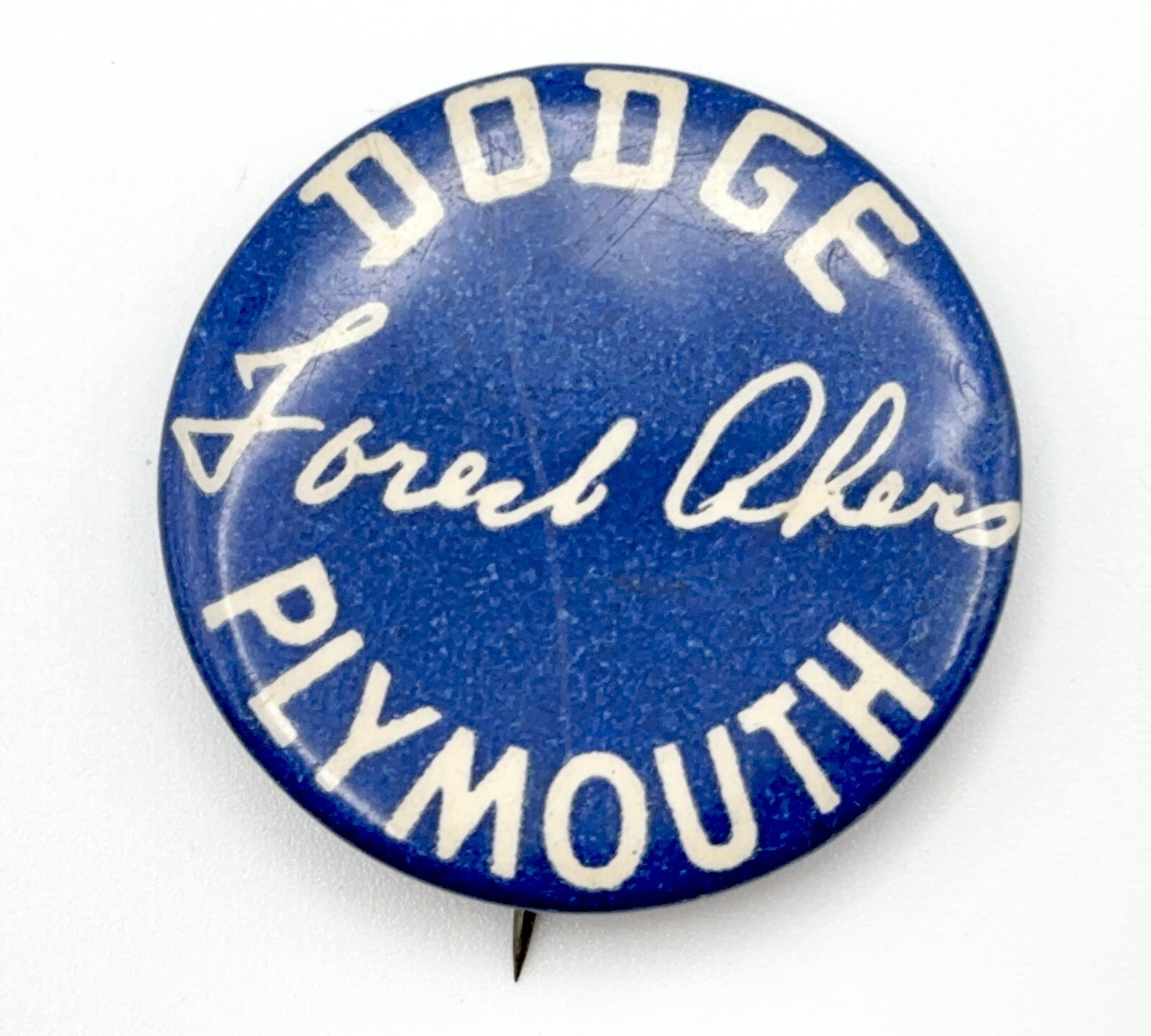 EARLY Vintage 1940s \'FOREST AKERS DODGE PLYMOUTH\' Dealers Pin Button SCARCE