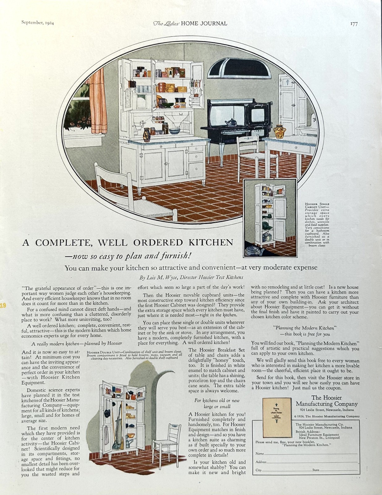 1924 Ad Hoosier  Mfg Co Newcastle IN Kitchen Cabinet, Cupboard & Breakfast Set