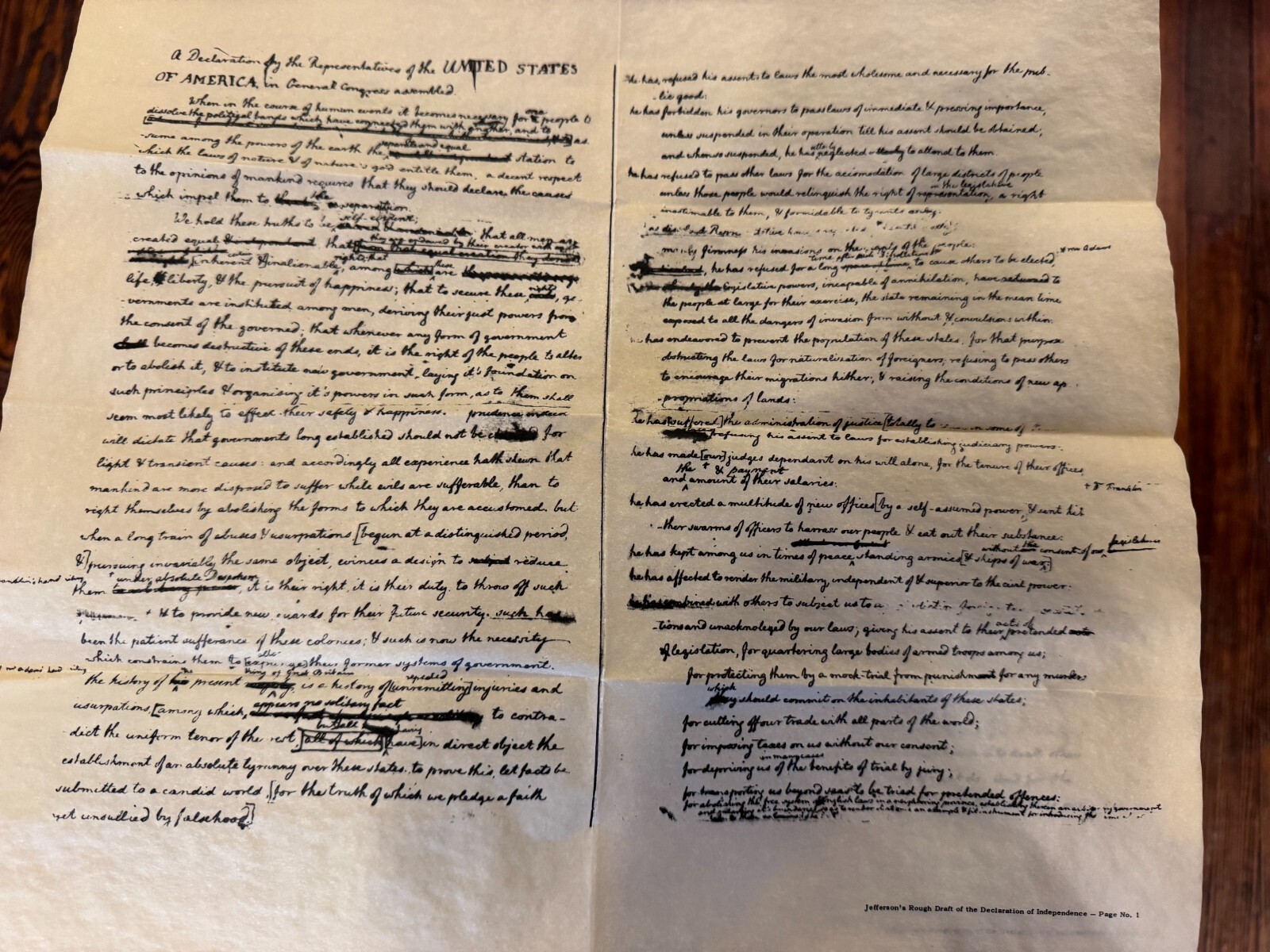 Thomas Jefferson's Rough Draft of the Declaration of Independence - replica