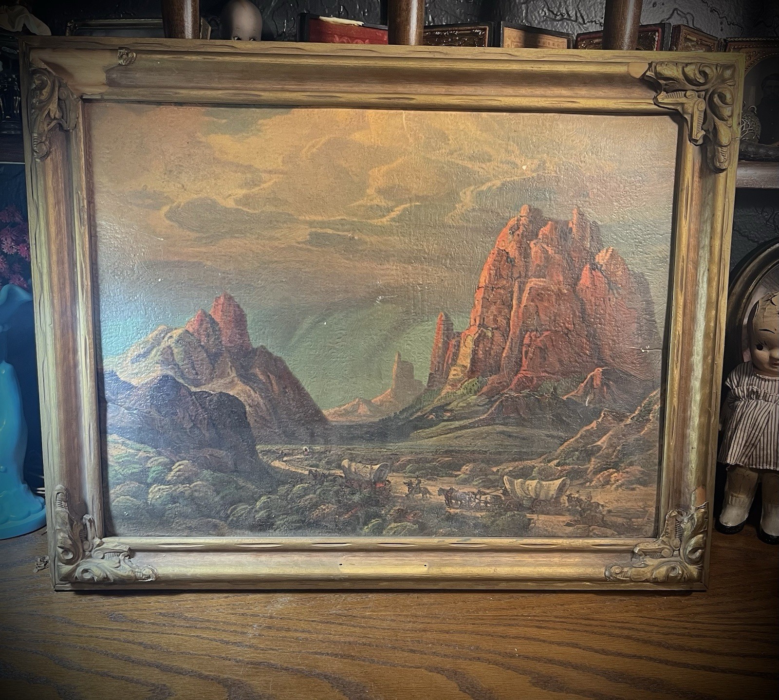Antique gold wood frame carved corners western landscape art The Pioneer Trail