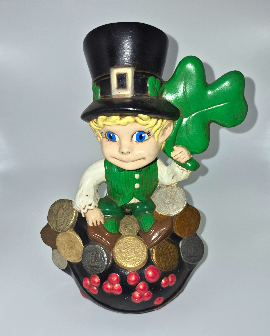Vintage 1970s Ceramic Leprechaun Bank Pot of Gold St Patricks Day 9.5