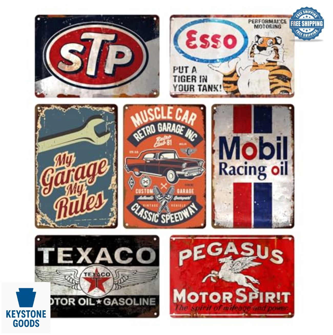 Vintage Metal Tin Signs 7 Pcs 8x12 Inch Retro Garage Man Cave Wall Decor Car