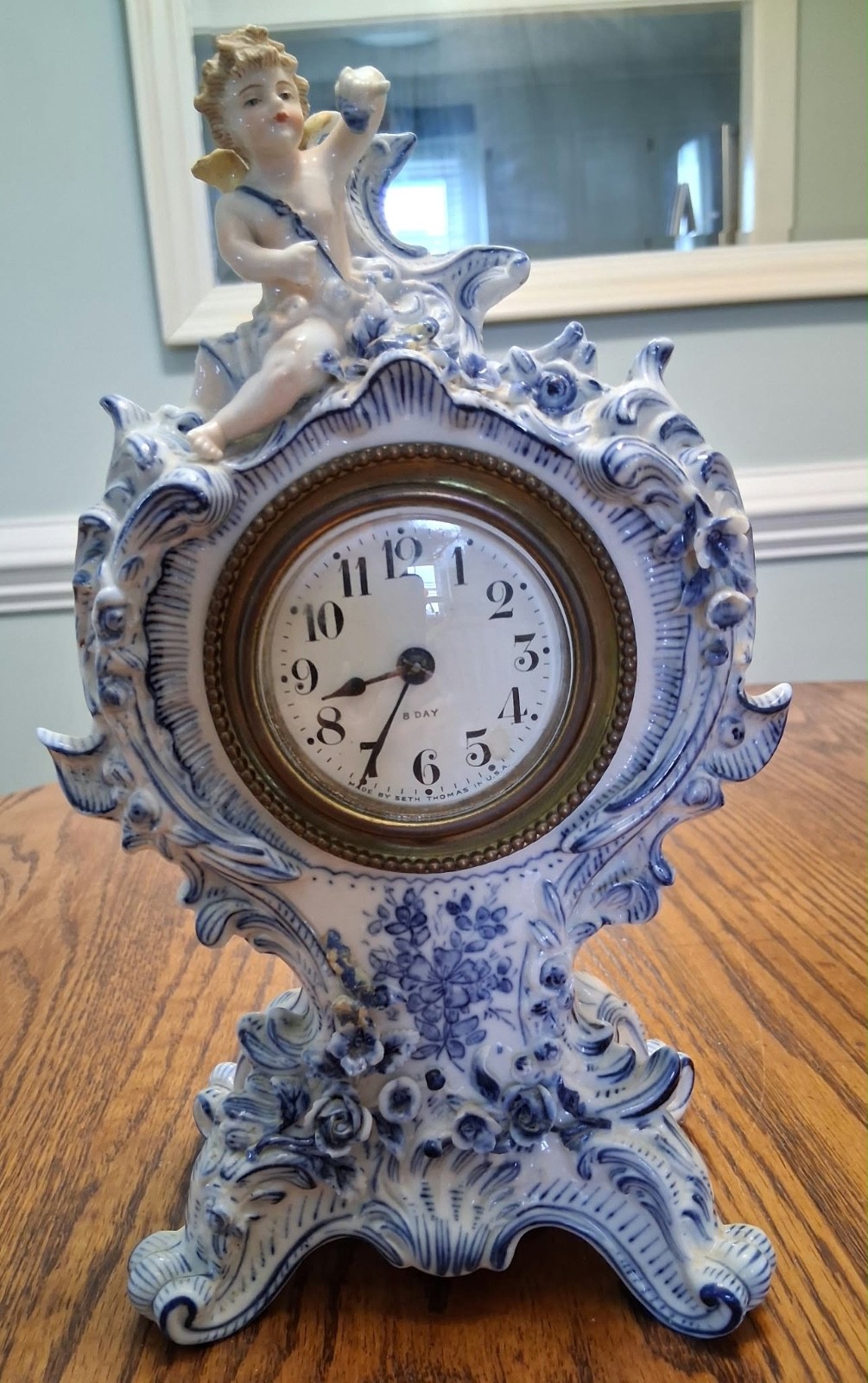 19th Century  French Faience Mantel Clock with Cherub