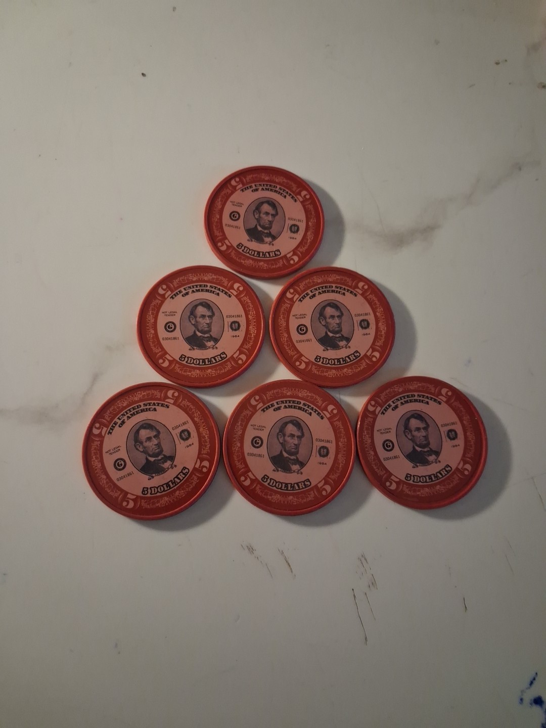 SLING'S 🪙RARE Lot Of 6 $5 Abe Lincoln American Currency Casino Poker Chips