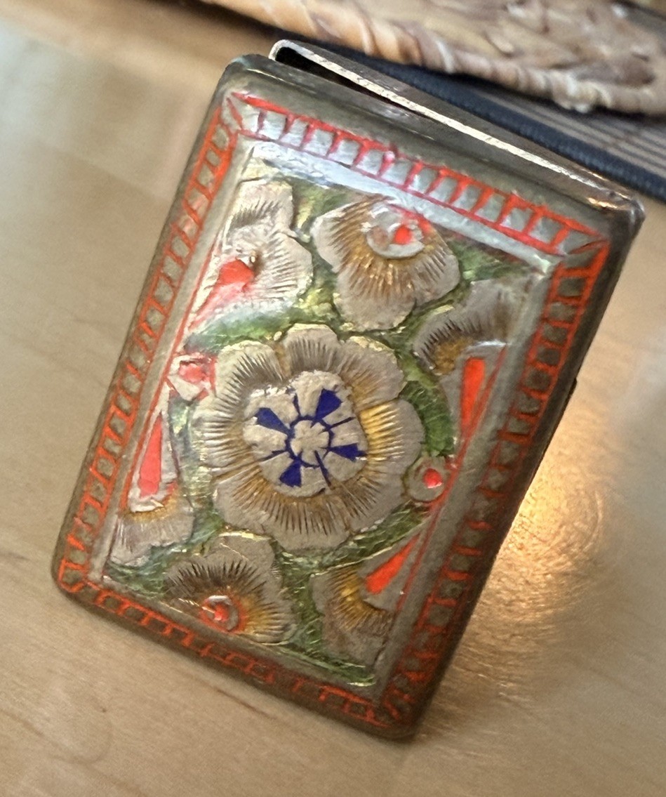 Vtg Chinese Enamel Trinket Box Silver Plated Floral Design Small 1.5” Pill Case