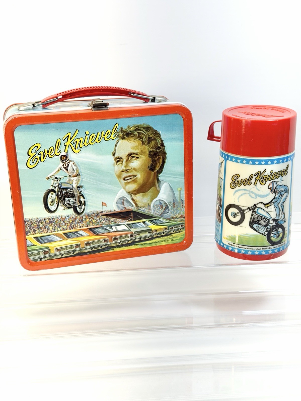 Vintage 1974 Evel Knievel Aladdin Metal Lunch Box & Thermos-Vibrant Colors-READ