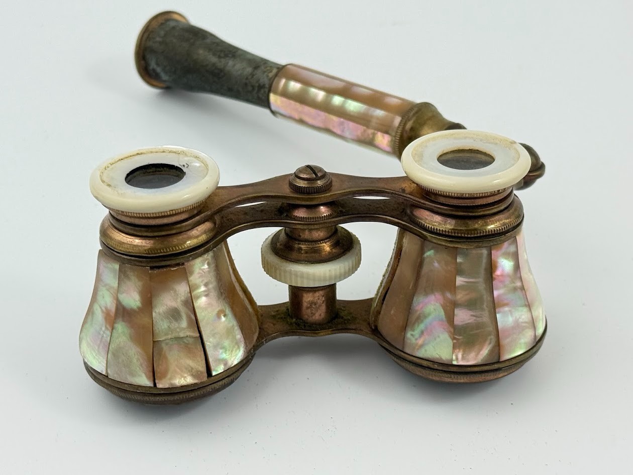 Antique MOP Opera Glasses Lorgnette Mother of Pearl Folding Handle Binoculars