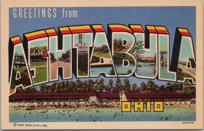 1940s ASHTABULA, Ohio Large Letter LINEN Postcard Beach Aerial View - Unused