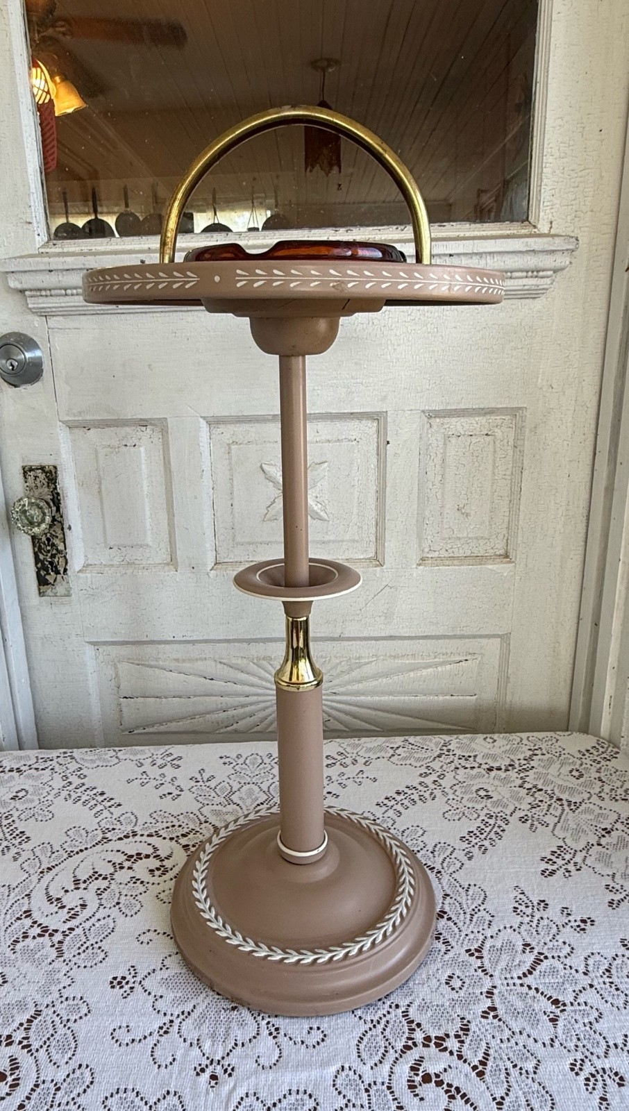 Vintage MCM Beige Toleware Smoking Stand Amber Glass Astray 