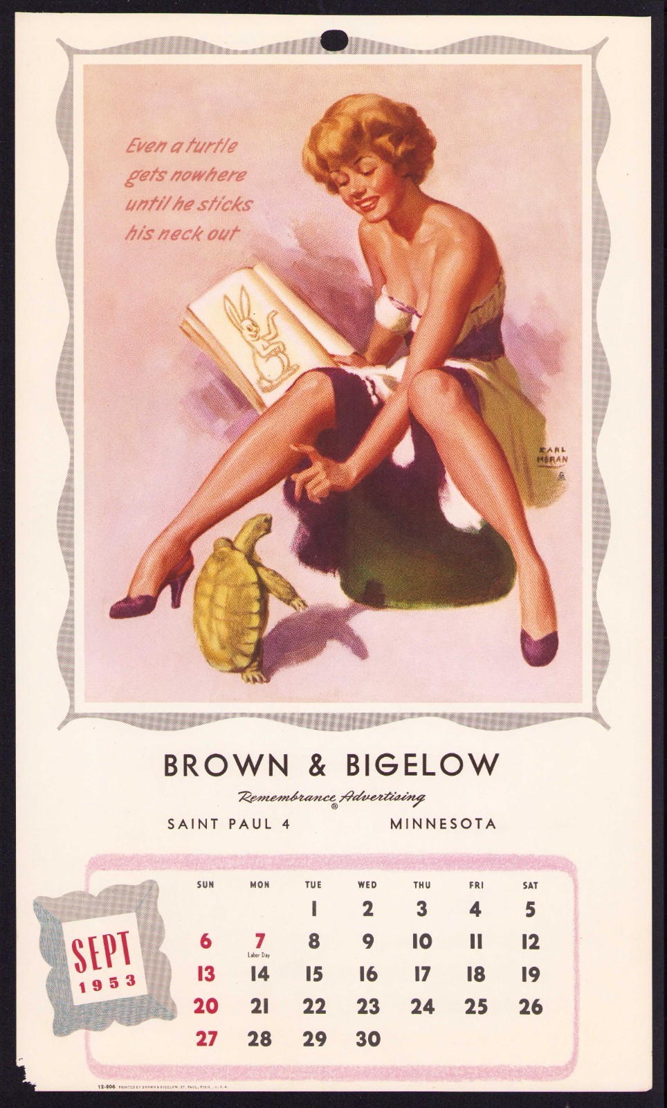 VINTAGE SEP 1953 BROWN & BIGELOW PINUP GIRL POSTER CALENDAR PAGE EARL MORAN ART