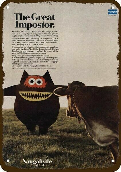 1967 NAUGAHYDE FABRIC & NAUGA MASCOT Vintage-Look DECORATIVE REPLICA METAL SIGN