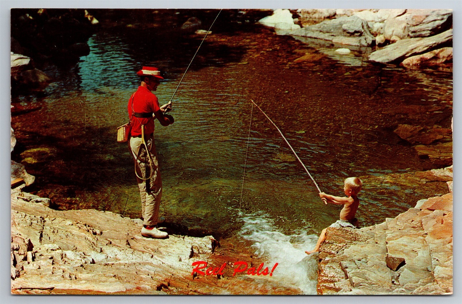 Reel Pals Man & Little Boy Fishing Same Trout Stream IN C1950\'s Postcard U6