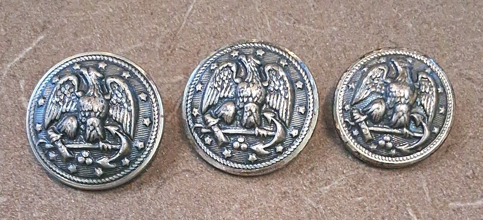 Round Metal Shank Buttons w/ Eagle Crest Relief Design, Silver Tone Qty 3