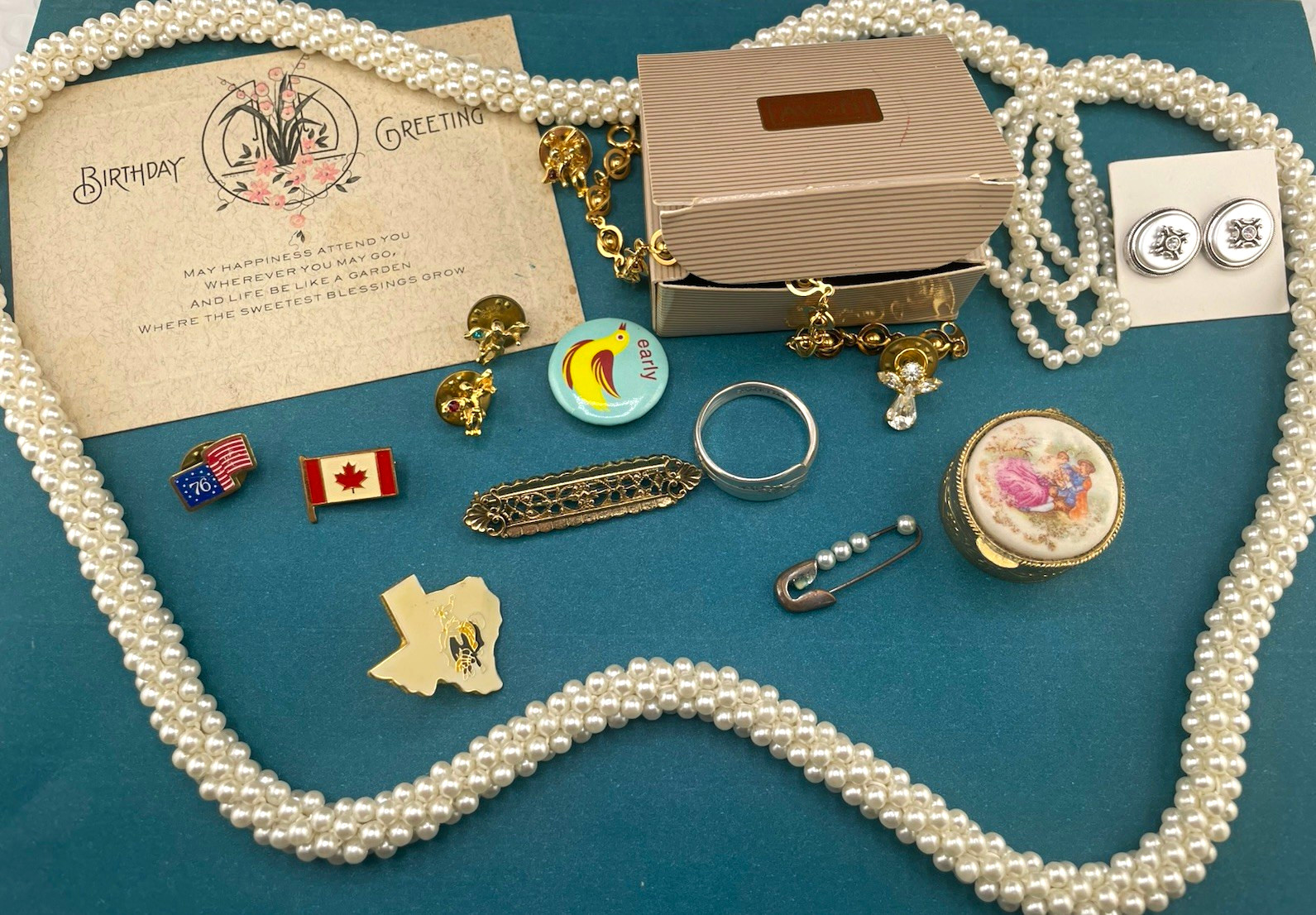 Grandma’s small Jewelry & Junk Drawer lot. Jewelry pins trinkets necklace random