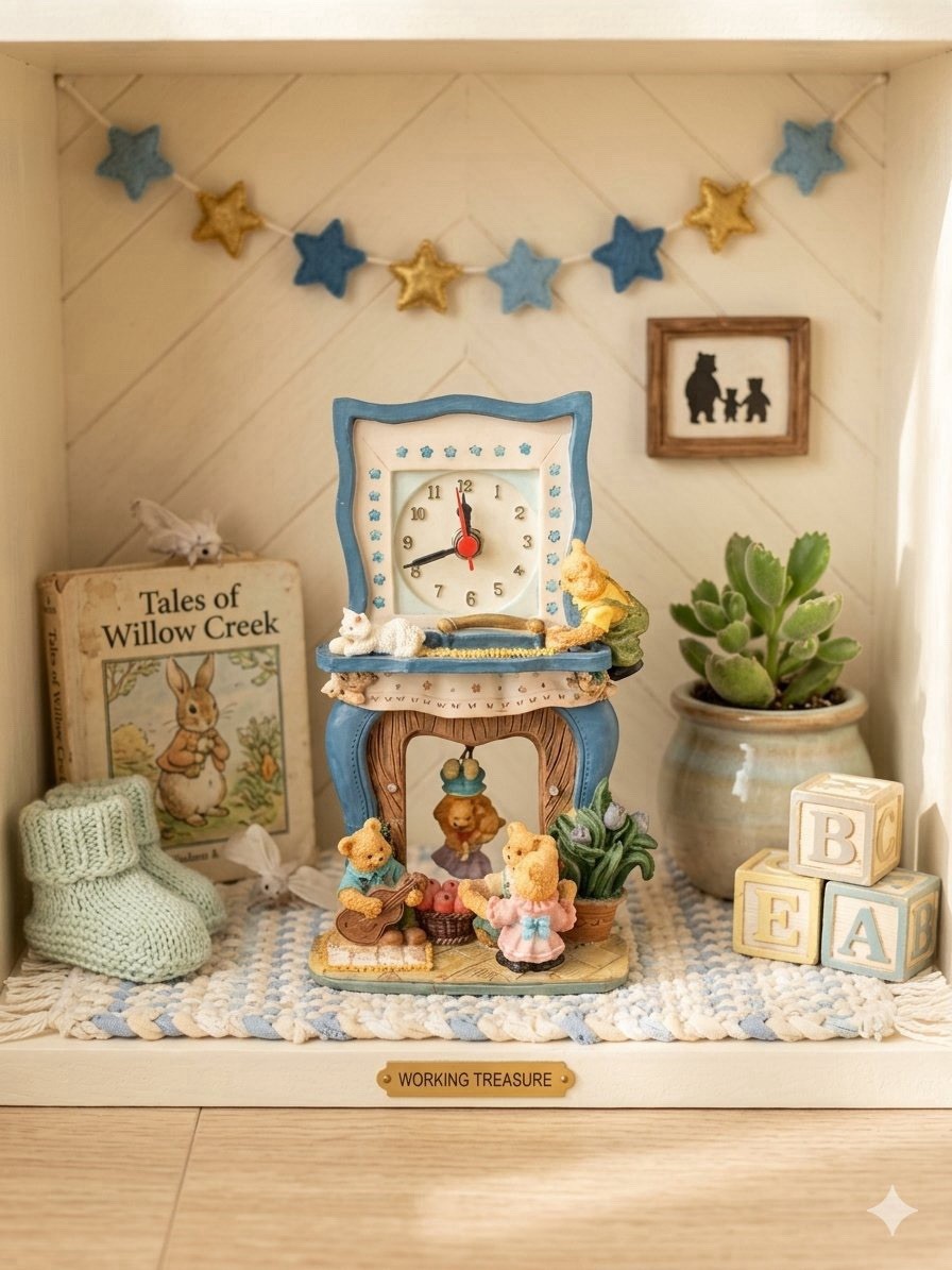 Vintage Teddy Bear Fireplace Mantle Clock 3D Resin Nursery Whimsical Decor 