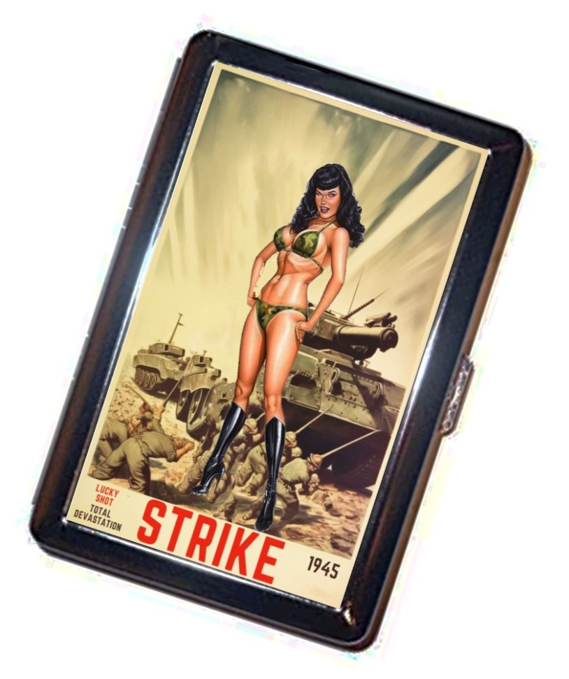 Bettie P.  1945 pinup Cigarette Case Retro Handmade STRIKE Metal Wallet Stash
