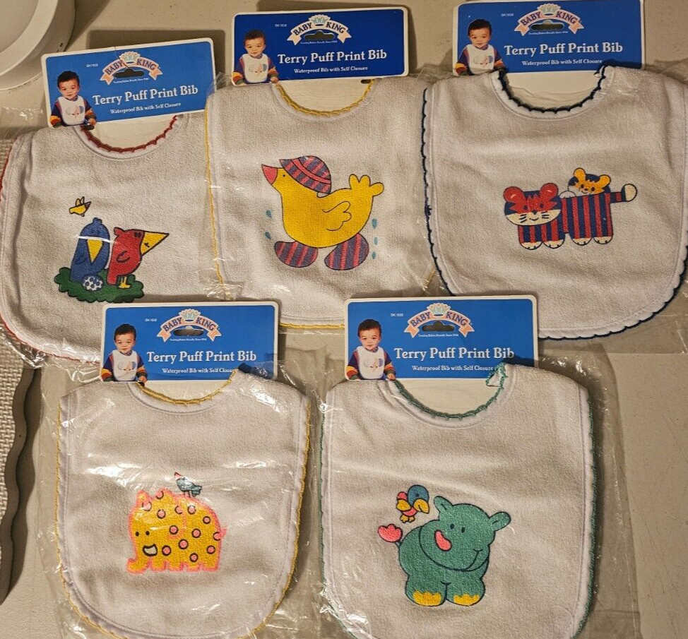 NEW LOT (5) Vintage BABY KING Puffy Print TERRY BIBS Birds DUCK Tiger RHINO