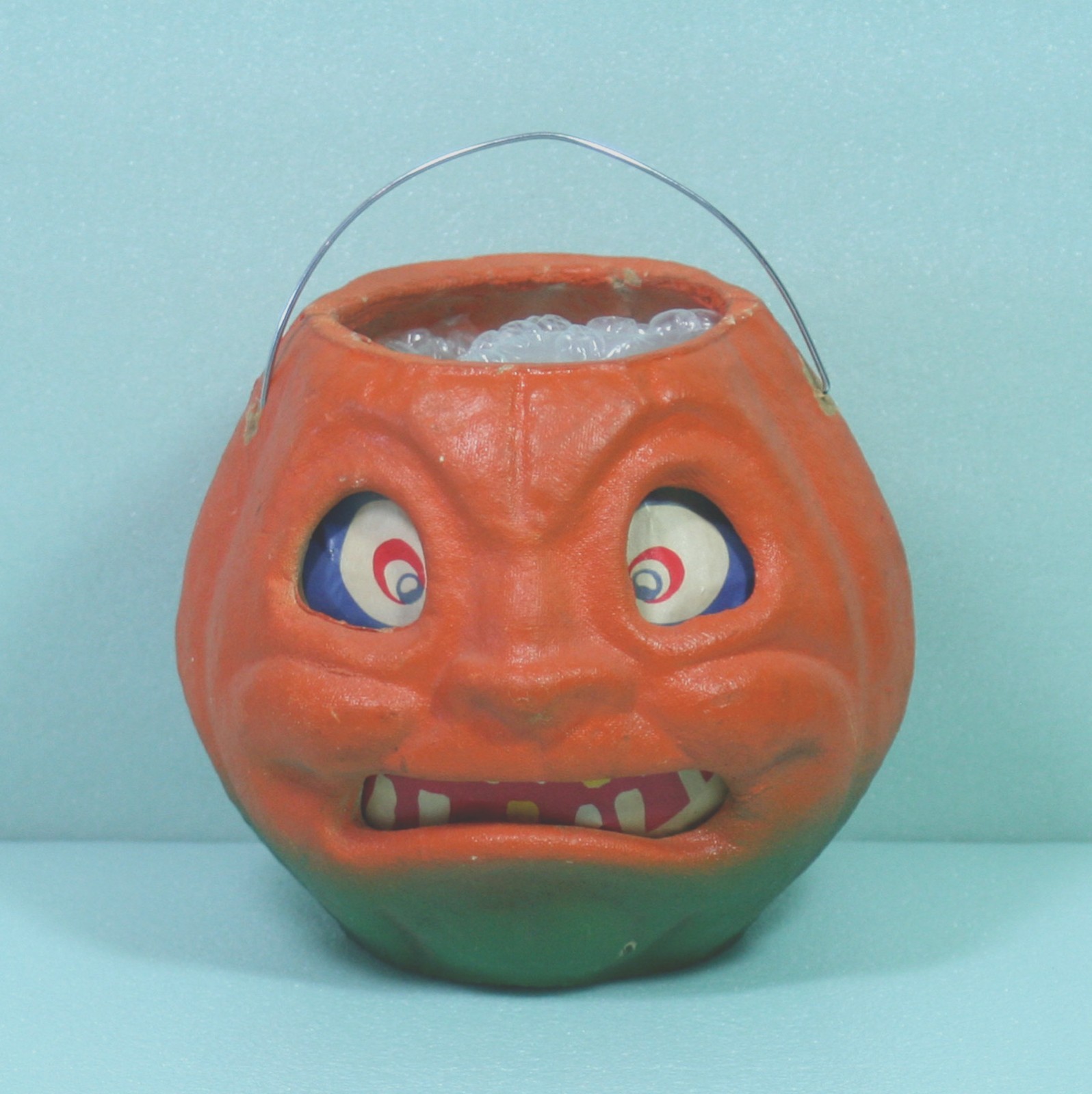 Vintage Paper Mache Jack O Lantern Bucket Teeth Eyes Halloween Vintage 1940\'s