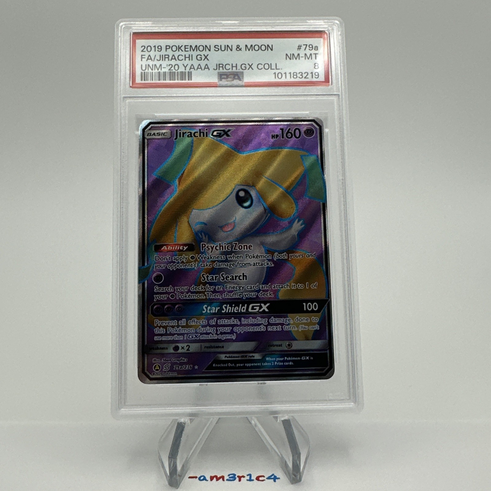 PSA 8 - 2019 Pokemon Sun & Moon Unified Minds Jirachi GX #79a Graded