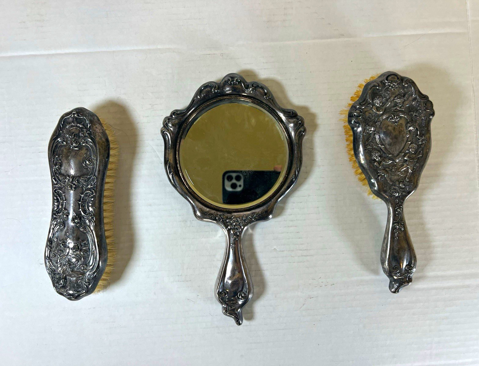 Vintage Ornate Silver-Tone Metal Vanity Set Mirror Brush Comb 3-Piece