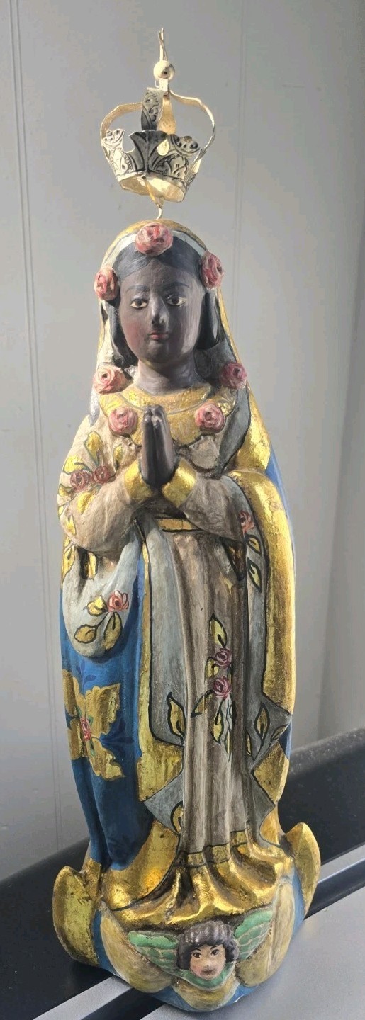 polychrome Black Madonna wood statue 17.5