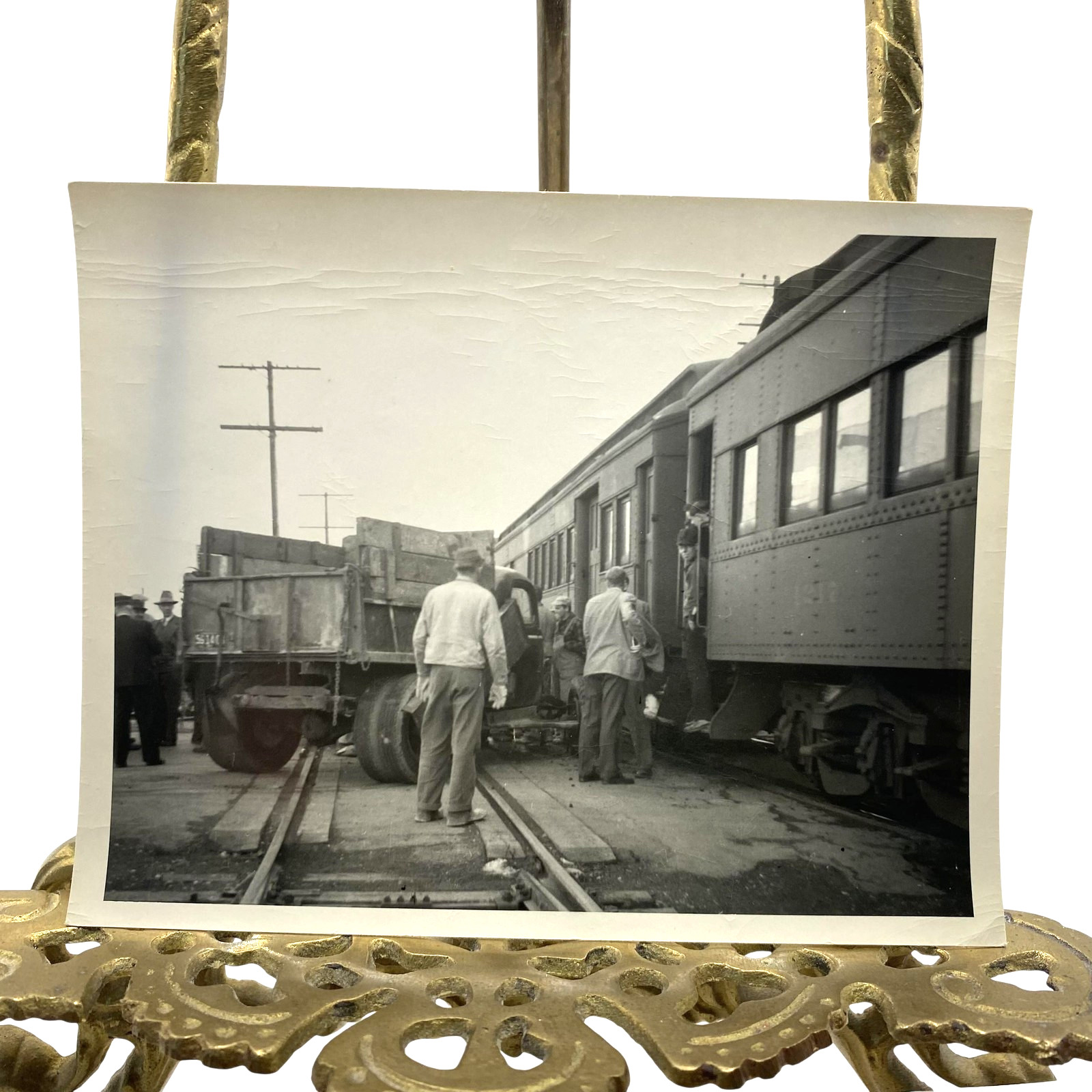 Vintage Truck Train Collision Railroad Crossing Photo 4x5 B&W Gelatin Orig